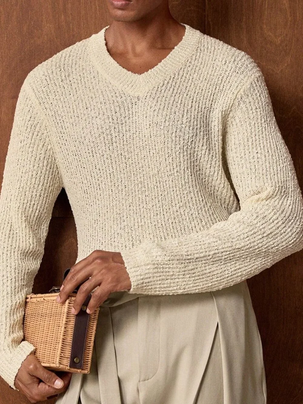 Apricot Casual Men's Ribbed V-Neck Long Sleeve Sweater